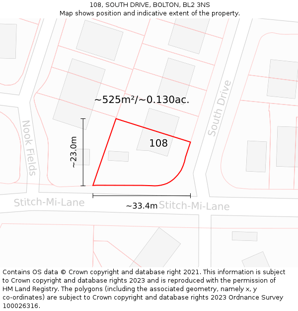 108, SOUTH DRIVE, BOLTON, BL2 3NS: Plot and title map