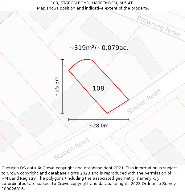 108, STATION ROAD, HARPENDEN, AL5 4TU: Plot and title map