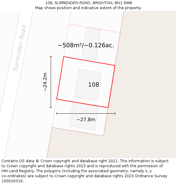 108, SURRENDEN ROAD, BRIGHTON, BN1 6WB: Plot and title map