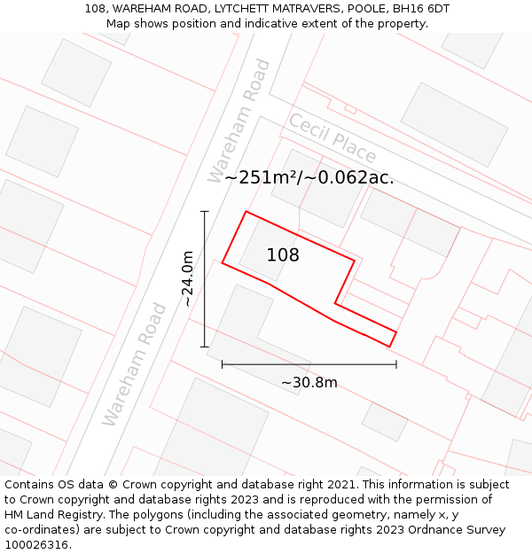 108, WAREHAM ROAD, LYTCHETT MATRAVERS, POOLE, BH16 6DT: Plot and title map