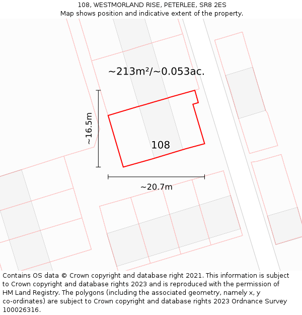 108, WESTMORLAND RISE, PETERLEE, SR8 2ES: Plot and title map