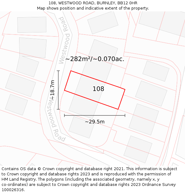 108, WESTWOOD ROAD, BURNLEY, BB12 0HR: Plot and title map