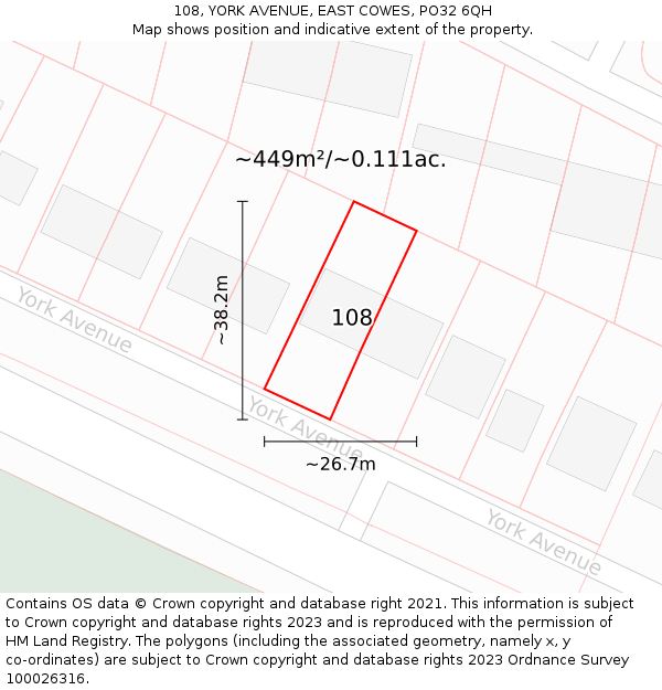 108, YORK AVENUE, EAST COWES, PO32 6QH: Plot and title map