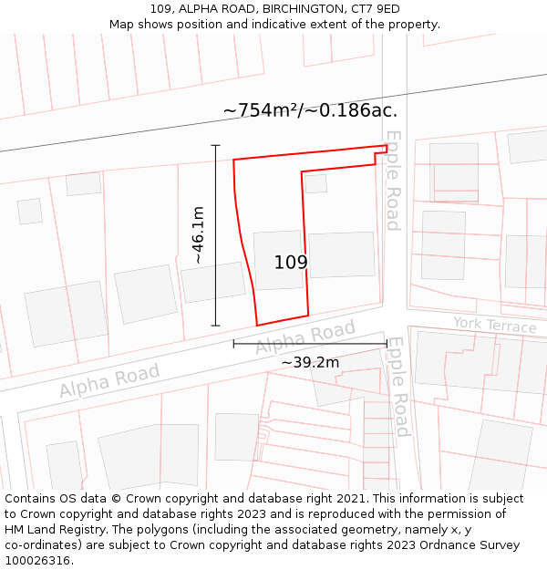 109, ALPHA ROAD, BIRCHINGTON, CT7 9ED: Plot and title map