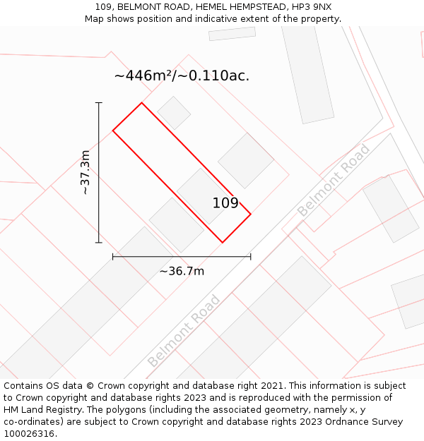 109, BELMONT ROAD, HEMEL HEMPSTEAD, HP3 9NX: Plot and title map