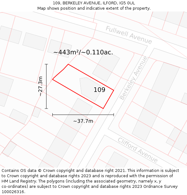 109, BERKELEY AVENUE, ILFORD, IG5 0UL: Plot and title map