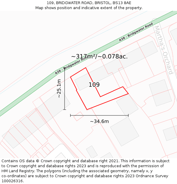 109, BRIDGWATER ROAD, BRISTOL, BS13 8AE: Plot and title map