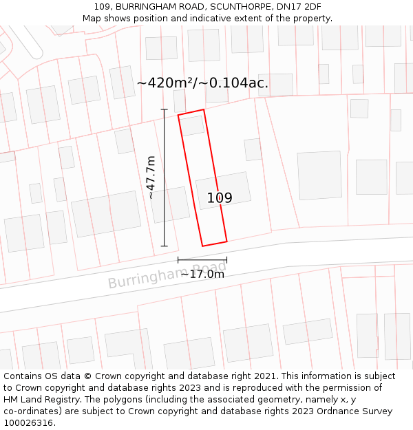 109, BURRINGHAM ROAD, SCUNTHORPE, DN17 2DF: Plot and title map