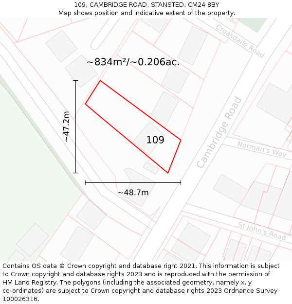 109, CAMBRIDGE ROAD, STANSTED, CM24 8BY: Plot and title map