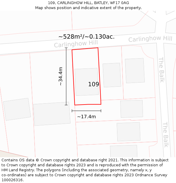 109, CARLINGHOW HILL, BATLEY, WF17 0AG: Plot and title map