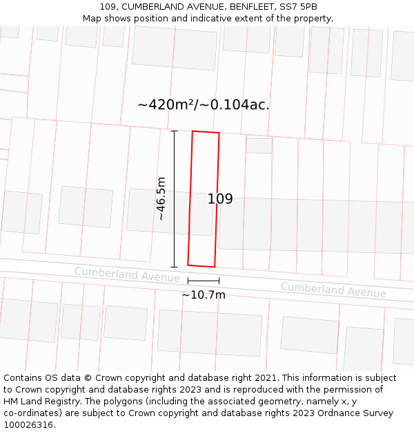 109, CUMBERLAND AVENUE, BENFLEET, SS7 5PB: Plot and title map