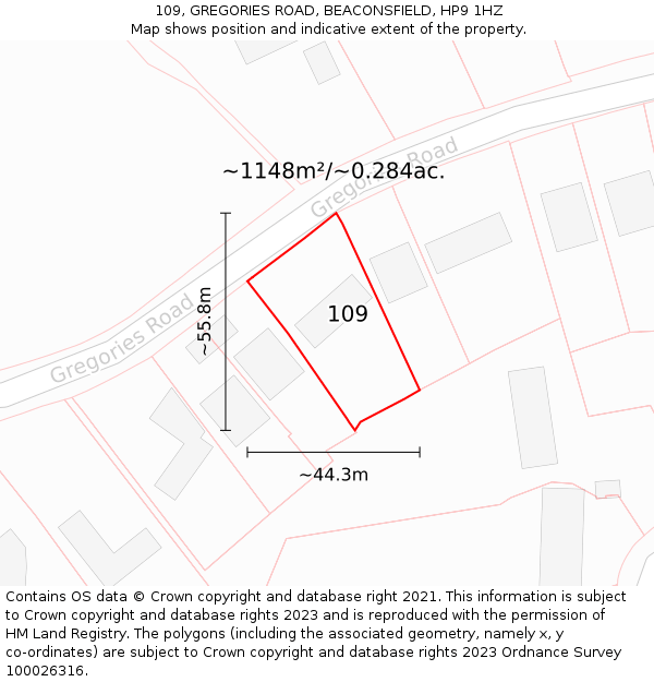 109, GREGORIES ROAD, BEACONSFIELD, HP9 1HZ: Plot and title map