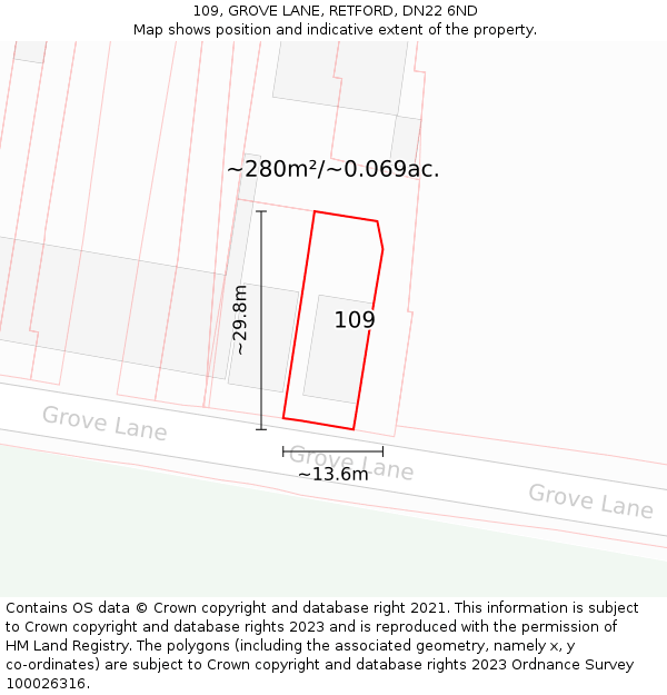 109, GROVE LANE, RETFORD, DN22 6ND: Plot and title map