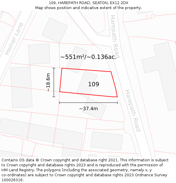109, HAREPATH ROAD, SEATON, EX12 2DX: Plot and title map