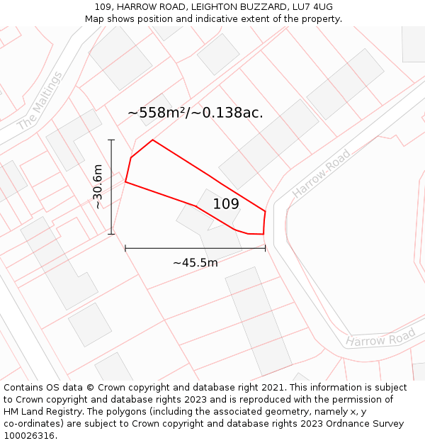 109, HARROW ROAD, LEIGHTON BUZZARD, LU7 4UG: Plot and title map