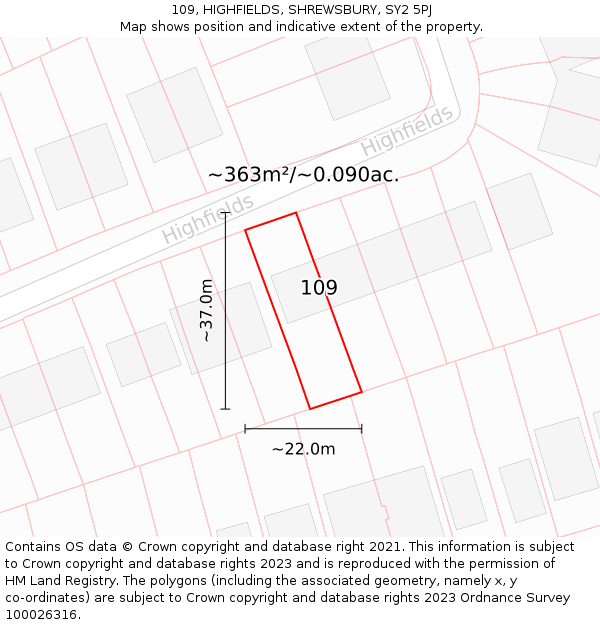 109, HIGHFIELDS, SHREWSBURY, SY2 5PJ: Plot and title map