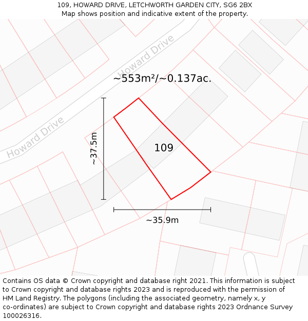 109, HOWARD DRIVE, LETCHWORTH GARDEN CITY, SG6 2BX: Plot and title map