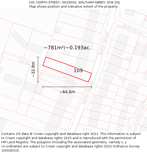 109, NORTH STREET, NAZEING, WALTHAM ABBEY, EN9 2NJ: Plot and title map