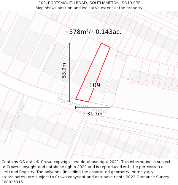 109, PORTSMOUTH ROAD, SOUTHAMPTON, SO19 9BE: Plot and title map