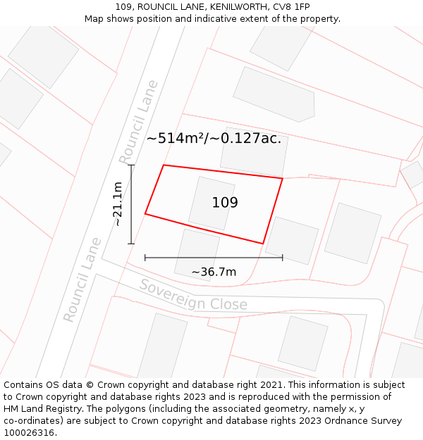 109, ROUNCIL LANE, KENILWORTH, CV8 1FP: Plot and title map