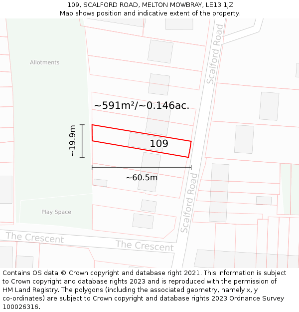 109, SCALFORD ROAD, MELTON MOWBRAY, LE13 1JZ: Plot and title map