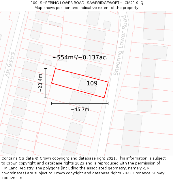 109, SHEERING LOWER ROAD, SAWBRIDGEWORTH, CM21 9LQ: Plot and title map