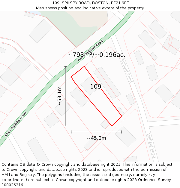 109, SPILSBY ROAD, BOSTON, PE21 9PE: Plot and title map