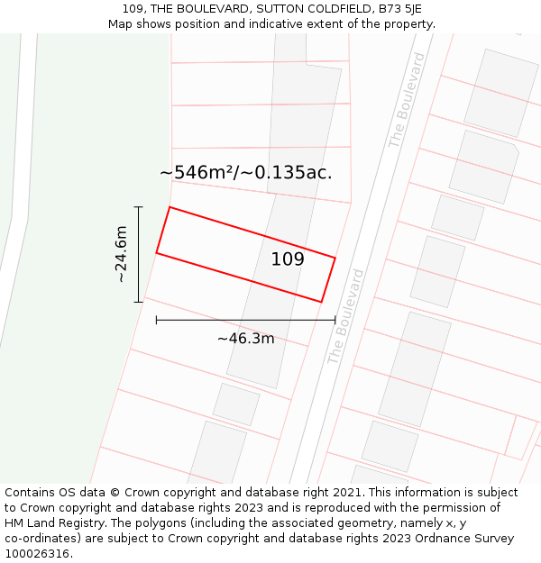 109, THE BOULEVARD, SUTTON COLDFIELD, B73 5JE: Plot and title map