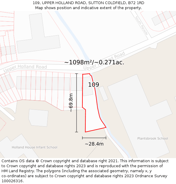 109, UPPER HOLLAND ROAD, SUTTON COLDFIELD, B72 1RD: Plot and title map