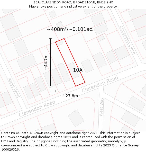 10A, CLARENDON ROAD, BROADSTONE, BH18 9HX: Plot and title map