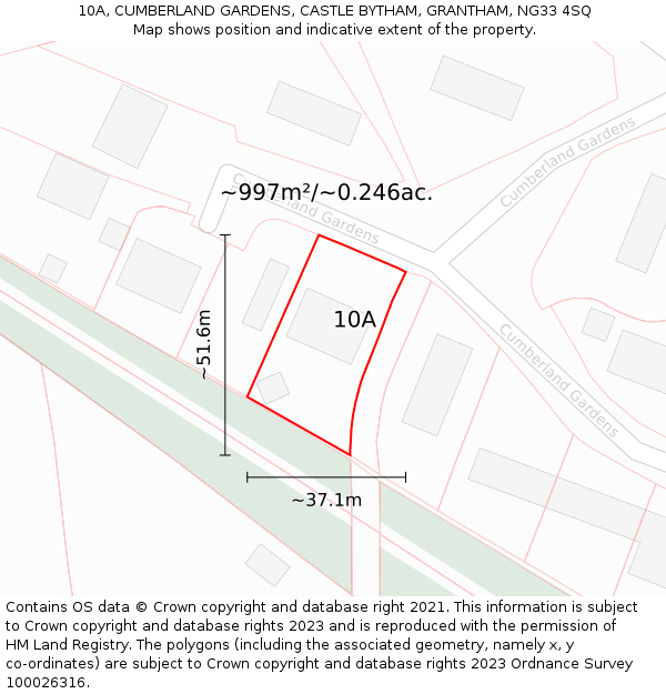 10A, CUMBERLAND GARDENS, CASTLE BYTHAM, GRANTHAM, NG33 4SQ: Plot and title map