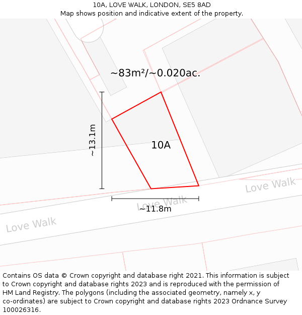 10A, LOVE WALK, LONDON, SE5 8AD: Plot and title map