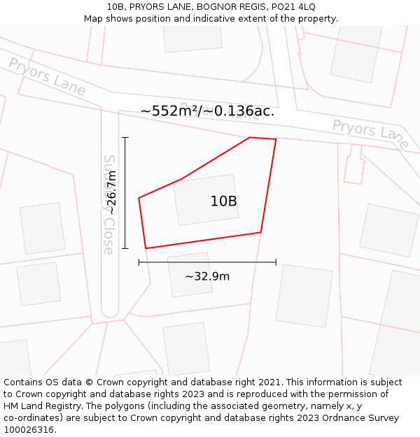 10B, PRYORS LANE, BOGNOR REGIS, PO21 4LQ: Plot and title map