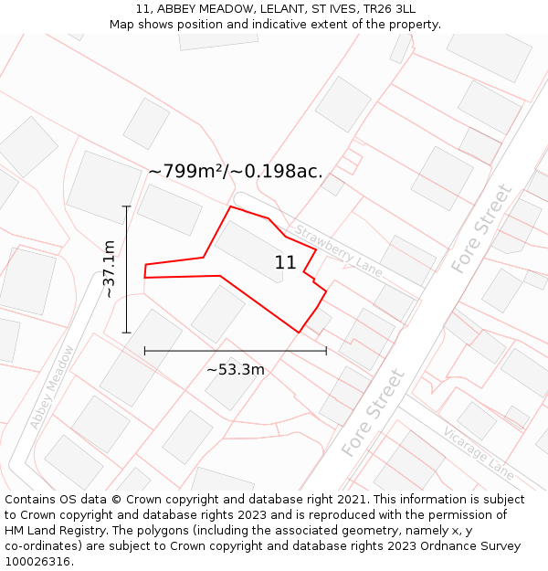 11, ABBEY MEADOW, LELANT, ST IVES, TR26 3LL: Plot and title map