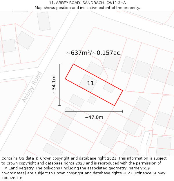 11, ABBEY ROAD, SANDBACH, CW11 3HA: Plot and title map