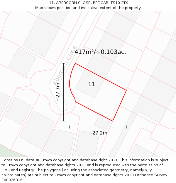 11, ABERCORN CLOSE, REDCAR, TS10 2TX: Plot and title map