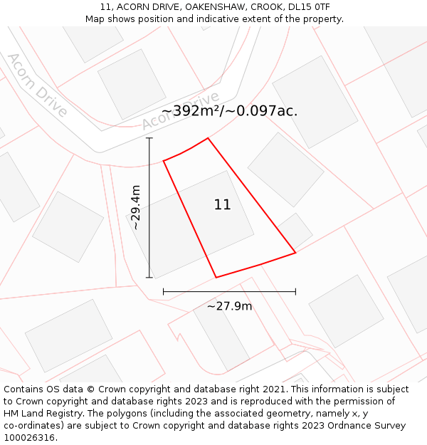 11, ACORN DRIVE, OAKENSHAW, CROOK, DL15 0TF: Plot and title map