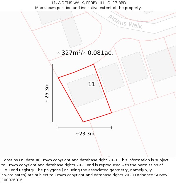 11, AIDENS WALK, FERRYHILL, DL17 8RD: Plot and title map