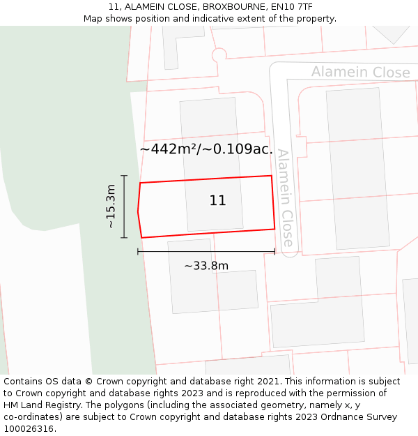 11, ALAMEIN CLOSE, BROXBOURNE, EN10 7TF: Plot and title map