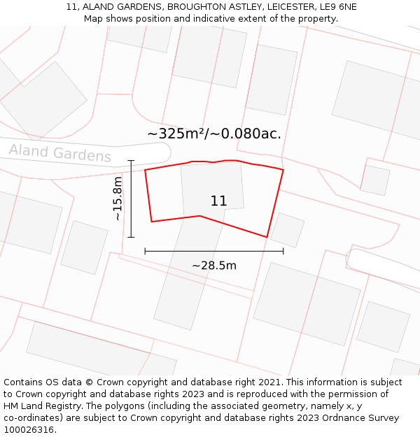 11, ALAND GARDENS, BROUGHTON ASTLEY, LEICESTER, LE9 6NE: Plot and title map