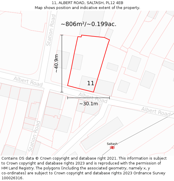 11, ALBERT ROAD, SALTASH, PL12 4EB: Plot and title map