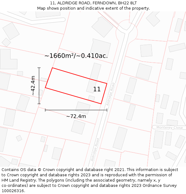 11, ALDRIDGE ROAD, FERNDOWN, BH22 8LT: Plot and title map