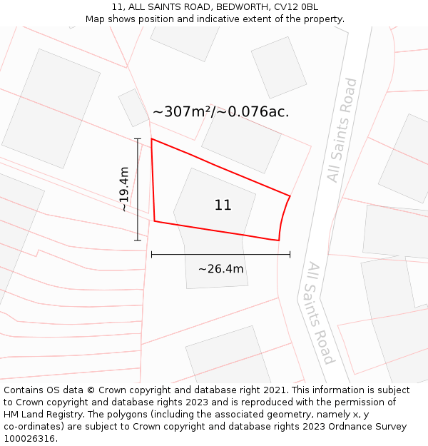 11, ALL SAINTS ROAD, BEDWORTH, CV12 0BL: Plot and title map