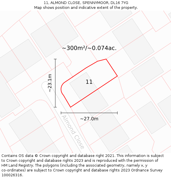 11, ALMOND CLOSE, SPENNYMOOR, DL16 7YG: Plot and title map