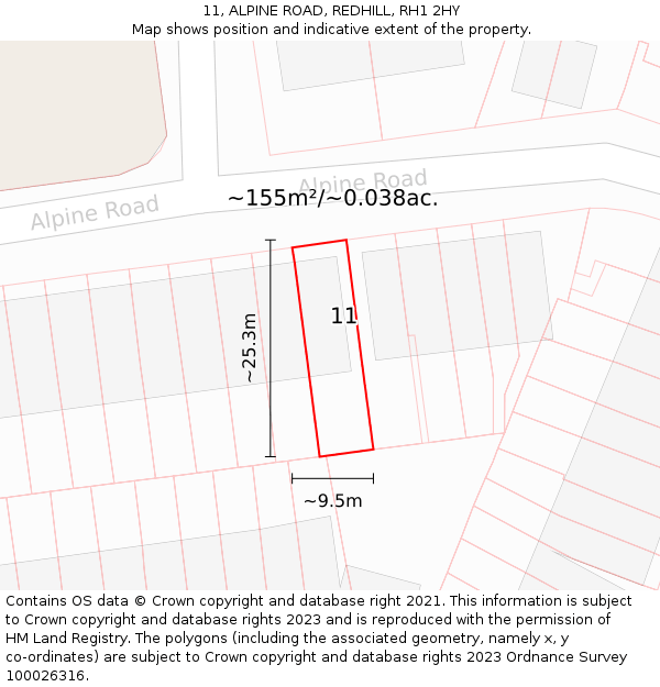 11, ALPINE ROAD, REDHILL, RH1 2HY: Plot and title map