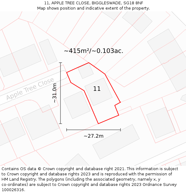 11, APPLE TREE CLOSE, BIGGLESWADE, SG18 8NF: Plot and title map