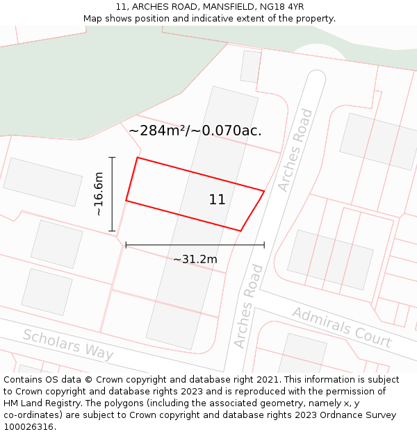 11, ARCHES ROAD, MANSFIELD, NG18 4YR: Plot and title map