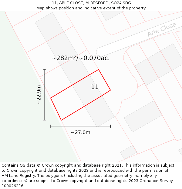 11, ARLE CLOSE, ALRESFORD, SO24 9BG: Plot and title map