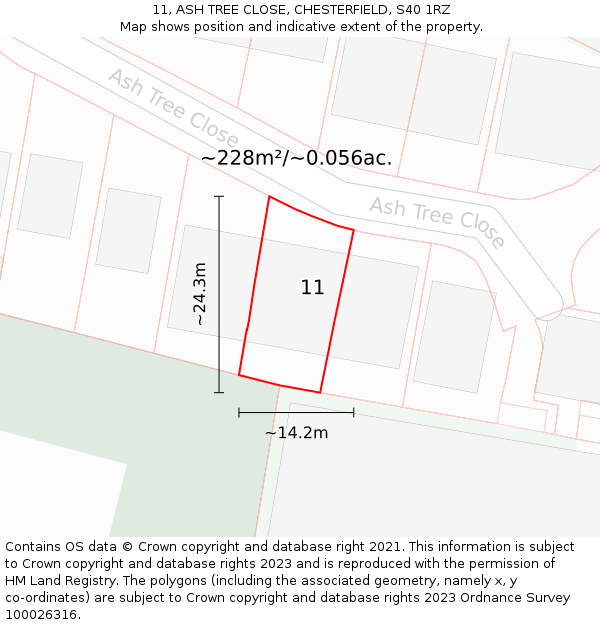 11, ASH TREE CLOSE, CHESTERFIELD, S40 1RZ: Plot and title map