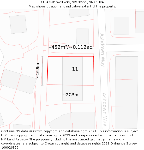 11, ASHDOWN WAY, SWINDON, SN25 1FA: Plot and title map